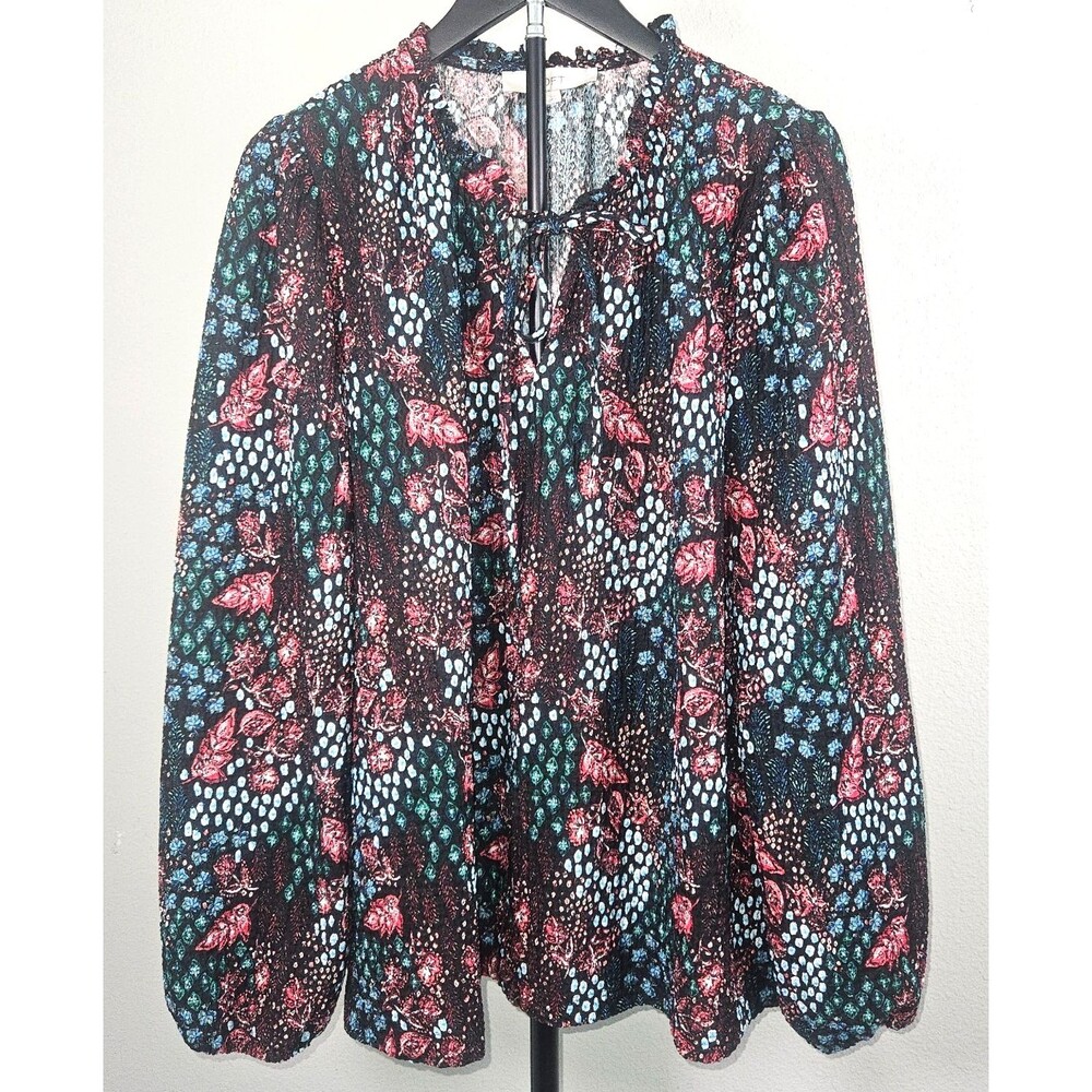 LOFT Womens XL Floral Peasant Blouse Long Sleeve Tie Neck Boho Cottagecore